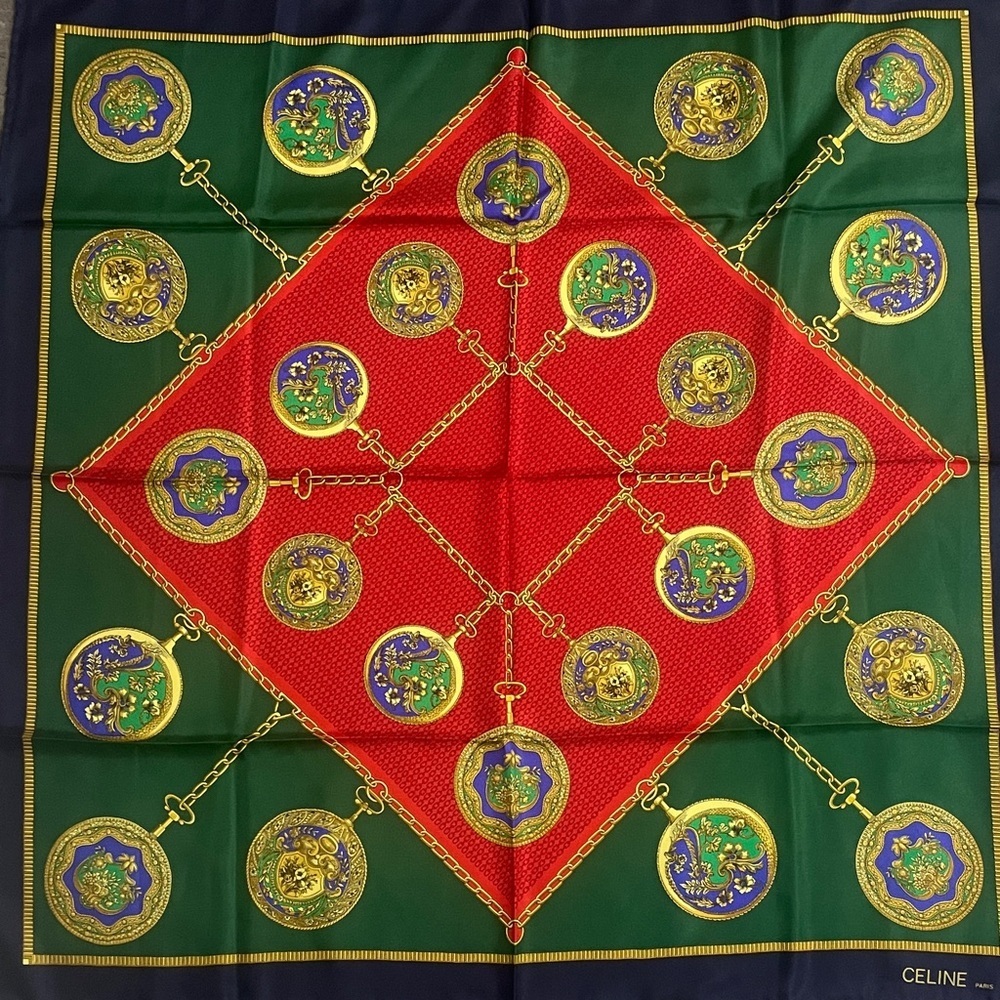 Celine Vibrant Red and Green Scarf with Gold Accents